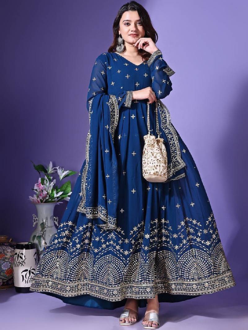 Floral embroidered v-neck mirror work georgette anarkali kurta with dupatta