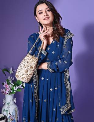 Floral embroidered v-neck mirror work georgette anarkali kurta with dupatta 2