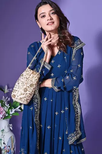 Floral embroidered v-neck mirror work georgette anarkali kurta with dupatta