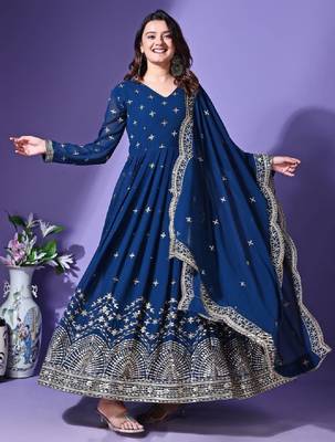 Floral embroidered v-neck mirror work georgette anarkali kurta with dupatta 3