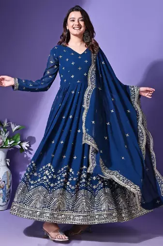 Floral embroidered v-neck mirror work georgette anarkali kurta with dupatta