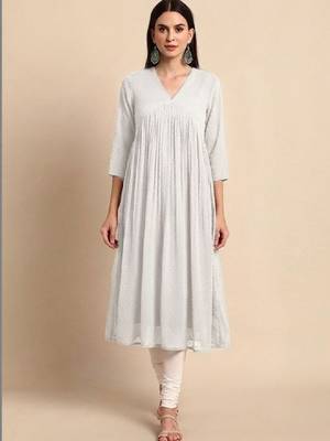 Women off white dobby chiffon self design flared kurta 1