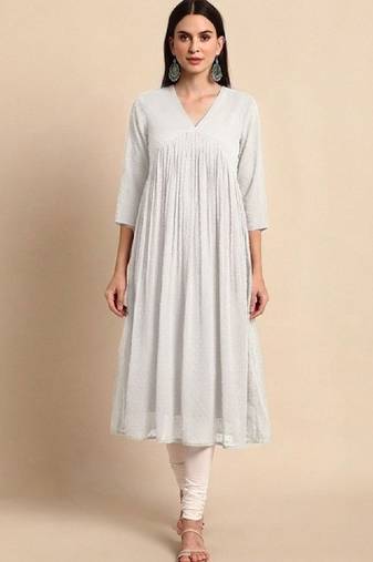 Women off white dobby chiffon self design flared kurta
