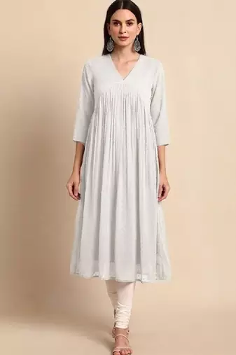 Women off white dobby chiffon self design flared kurta