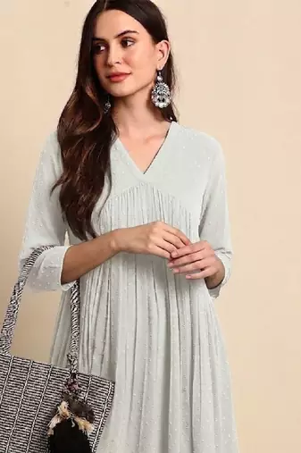 Women off white dobby chiffon self design flared kurta