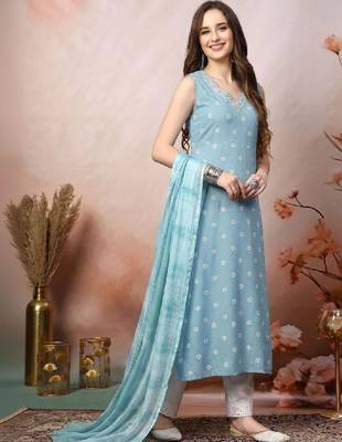 Women sky blue floral printed & embroidered rayon a-line kurta with dupatta 1