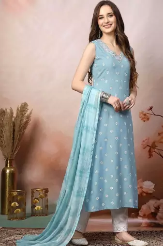 Women sky blue floral printed & embroidered rayon a-line kurta with dupatta