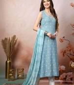 Women sky blue floral printed & embroidered rayon a-line kurta with dupatta