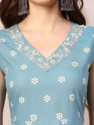 Women sky blue floral printed & embroidered rayon a-line kurta with dupatta 2