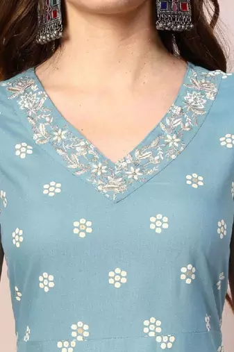 Women sky blue floral printed & embroidered rayon a-line kurta with dupatta
