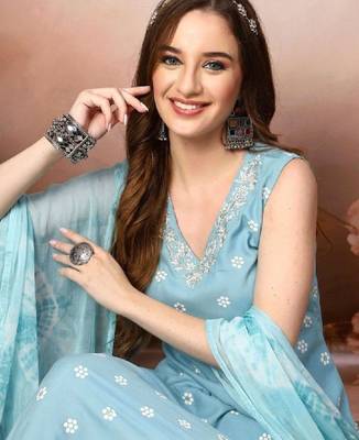 Women sky blue floral printed & embroidered rayon a-line kurta with dupatta 3