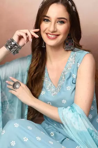 Women sky blue floral printed & embroidered rayon a-line kurta with dupatta