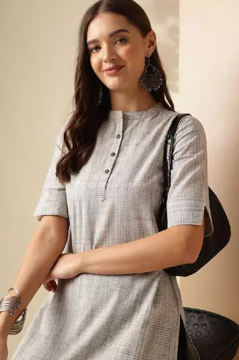 Grey striped woven design mandarin collar short sleeves cotton kurta