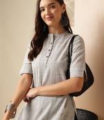 Grey striped woven design mandarin collar short sleeves cotton kurta