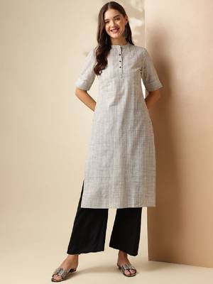 Grey striped woven design mandarin collar short sleeves cotton kurta 2