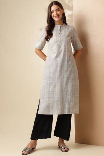 Grey striped woven design mandarin collar short sleeves cotton kurta