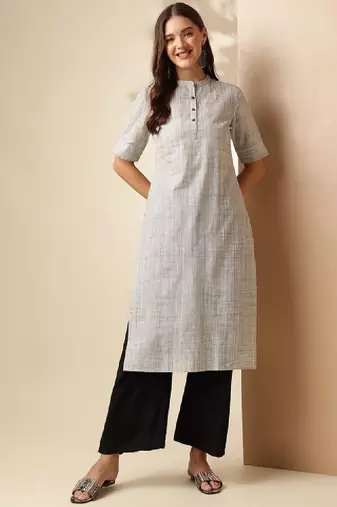 Grey striped woven design mandarin collar short sleeves cotton kurta