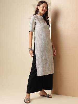 Grey striped woven design mandarin collar short sleeves cotton kurta 3