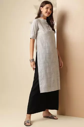 Grey striped woven design mandarin collar short sleeves cotton kurta