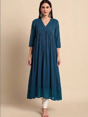 Blue self design fit and flare ethnic dresses chiffon kurta 1