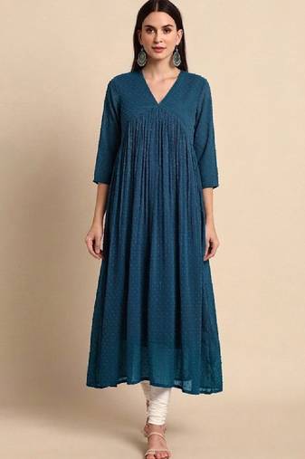Blue self design fit and flare ethnic dresses chiffon kurta