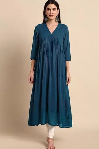Blue self design fit and flare ethnic dresses chiffon kurta