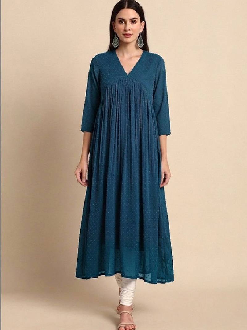 Blue self design fit and flare ethnic dresses chiffon kurta