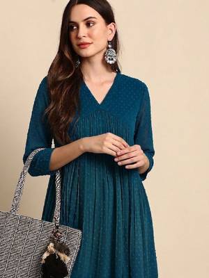 Blue self design fit and flare ethnic dresses chiffon kurta 3