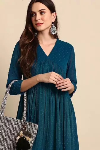 Blue self design fit and flare ethnic dresses chiffon kurta
