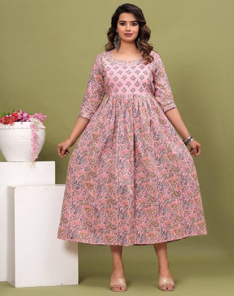 Floral printed pleated gotta patti maternity pure cotton anarkali kurta