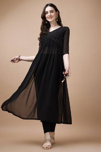 Floral yoke design thread work georgette a-line kurta