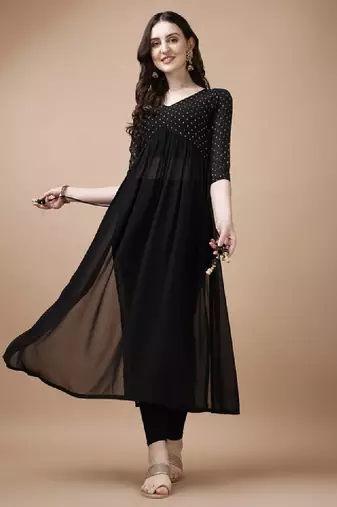 Floral yoke design thread work georgette a-line kurta