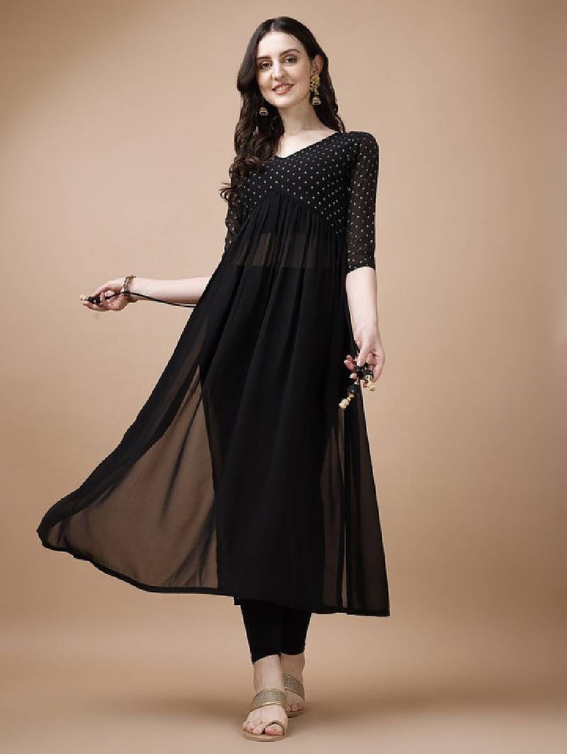 Floral yoke design thread work georgette a-line kurta