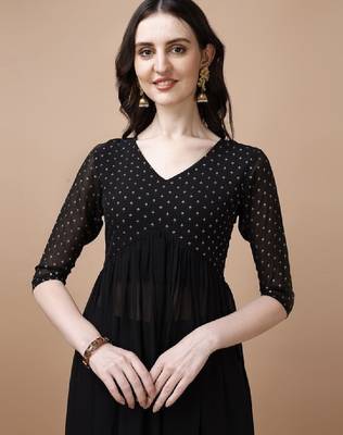 Floral yoke design thread work georgette a-line kurta 2