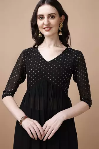 Floral yoke design thread work georgette a-line kurta