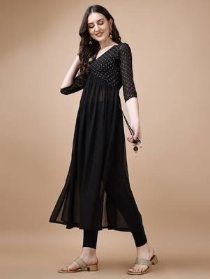 Floral yoke design thread work georgette a-line kurta 3