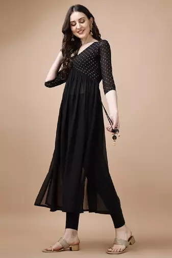 Floral yoke design thread work georgette a-line kurta