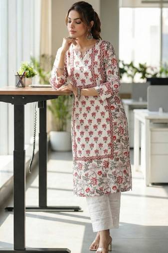 Floral printed notch neck pure cotton straight kurta