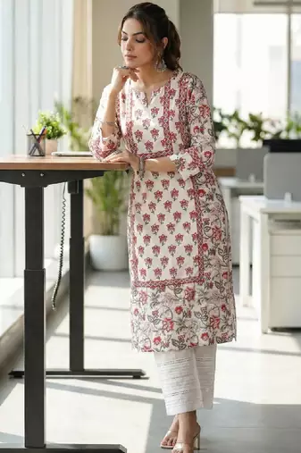 Floral printed notch neck pure cotton straight kurta