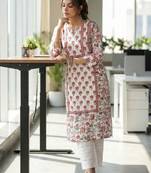 Floral printed notch neck pure cotton straight kurta
