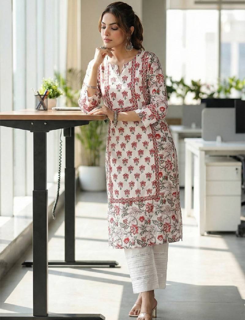 Floral printed notch neck pure cotton straight kurta