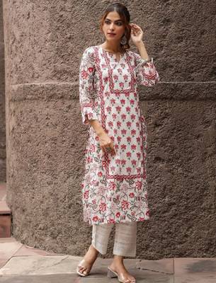 Floral printed notch neck pure cotton straight kurta 2