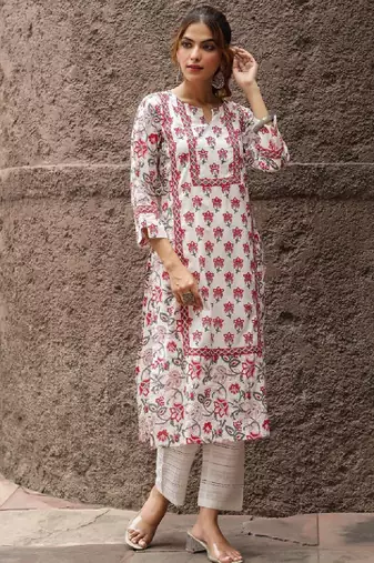 Floral printed notch neck pure cotton straight kurta
