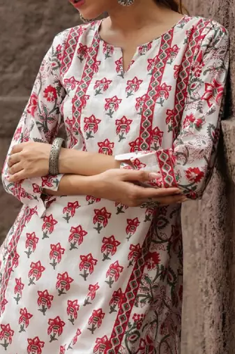 Floral printed notch neck pure cotton straight kurta