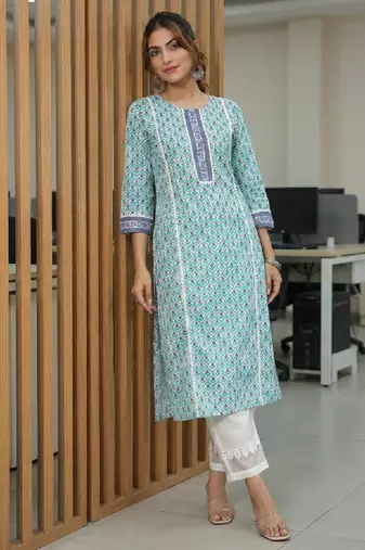 Ethnic motifs printed round neck pure cotton straight kurta