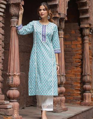 Ethnic motifs printed round neck pure cotton straight kurta 2
