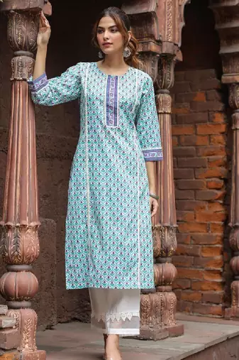 Ethnic motifs printed round neck pure cotton straight kurta