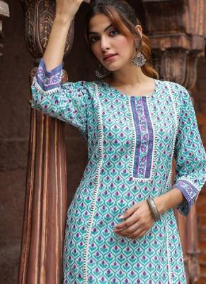 Ethnic motifs printed round neck pure cotton straight kurta 3