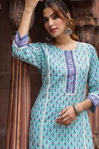 Ethnic motifs printed round neck pure cotton straight kurta