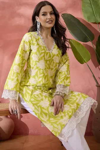 Black floral printed v-neck thread work pure cotton straight kurta